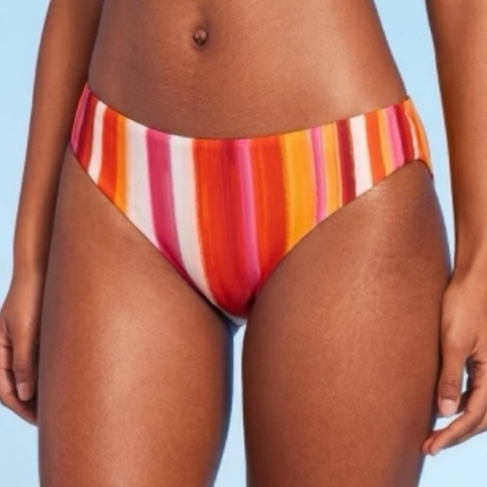 Orange Pink Striped Multicolor Bikini Bottom-